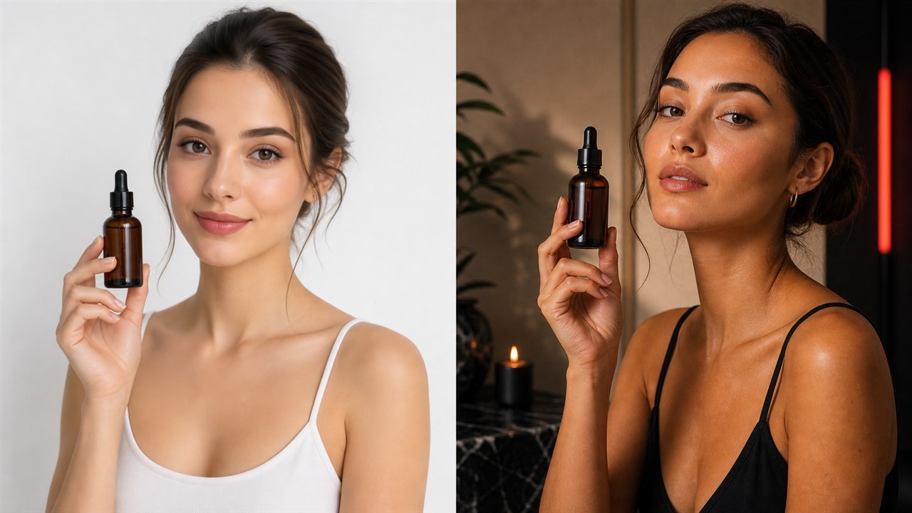 Before and after UGC video ad example with basic AI creator image transformed into premium studio creative
